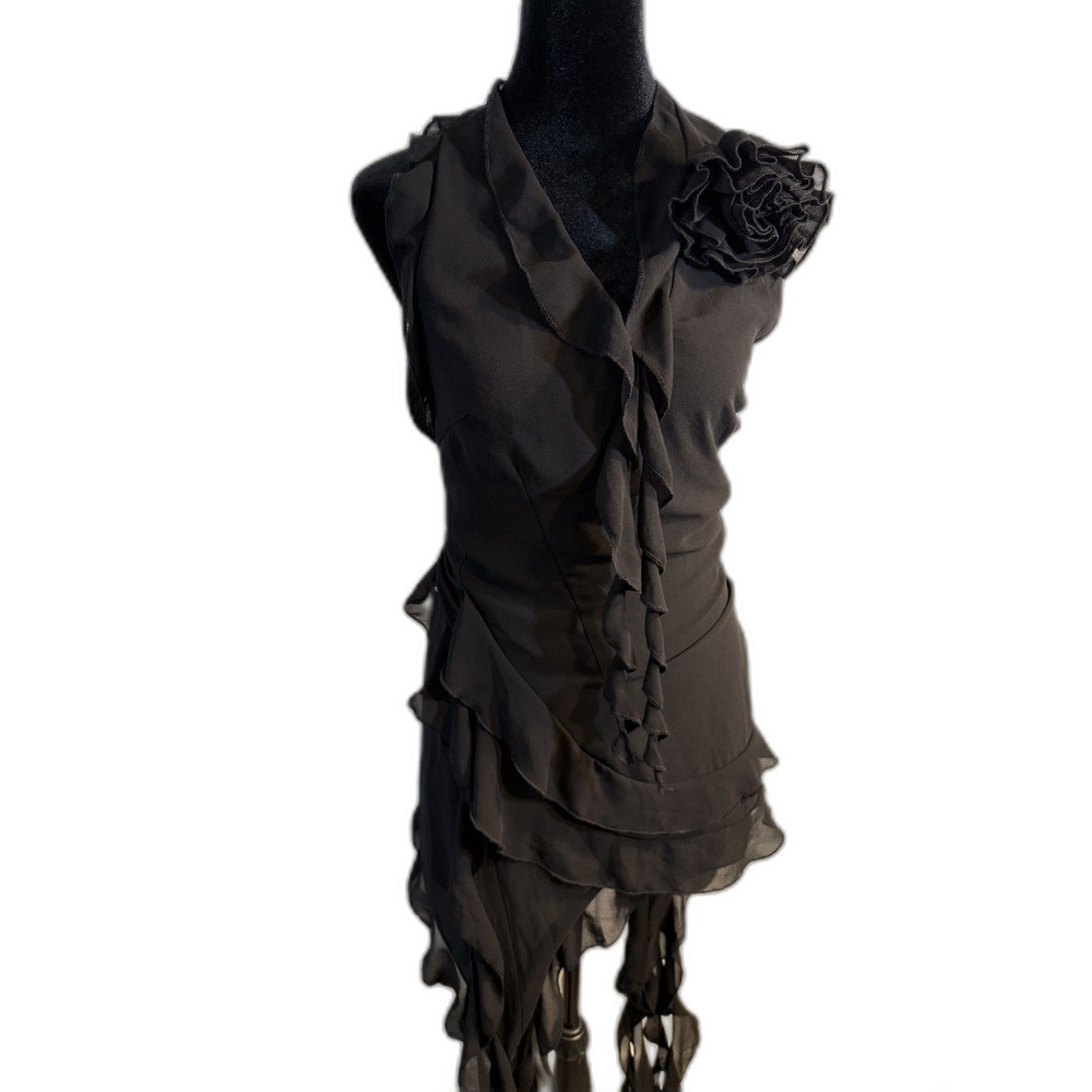 Fashion Nova Black Chiffon Ruffle Mini Dress — Rosette Shoulder